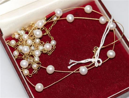 One 14ct gold and cultured pearl necklace and two 9ct gold and cultured pearl necklaces.